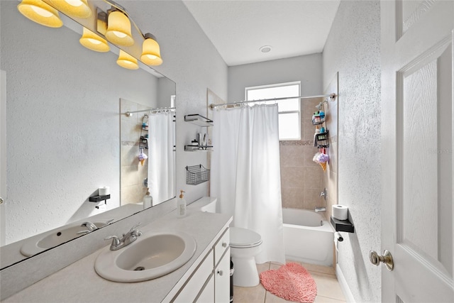 full bathroom with shower / bathtub combination with curtain, vanity, tile patterned flooring, and toilet