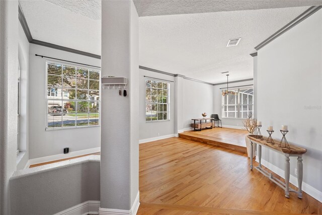 interior space with wood-type flooring, ornamental molding, and a textured ceiling