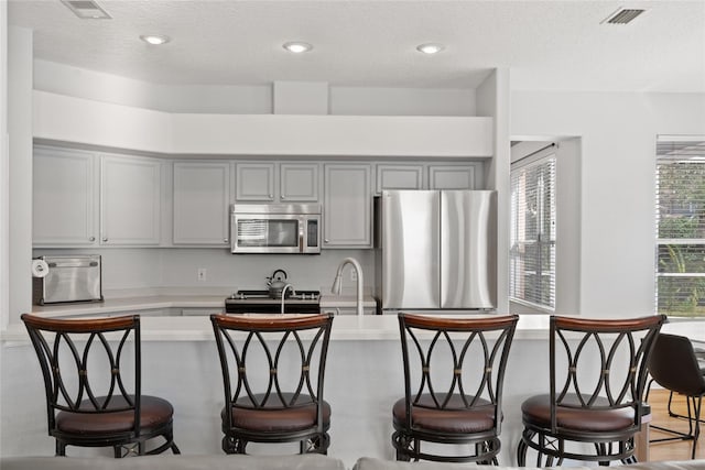 kitchen featuring stainless steel appliances, a kitchen breakfast bar, gray cabinets, and sink