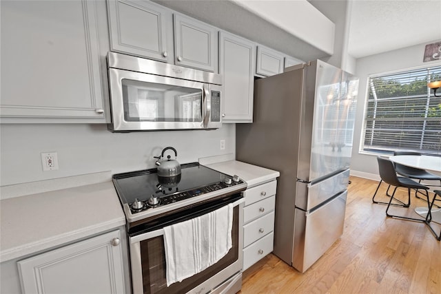 kitchen with white cabinetry, stainless steel appliances, light hardwood / wood-style floors, and a textured ceiling