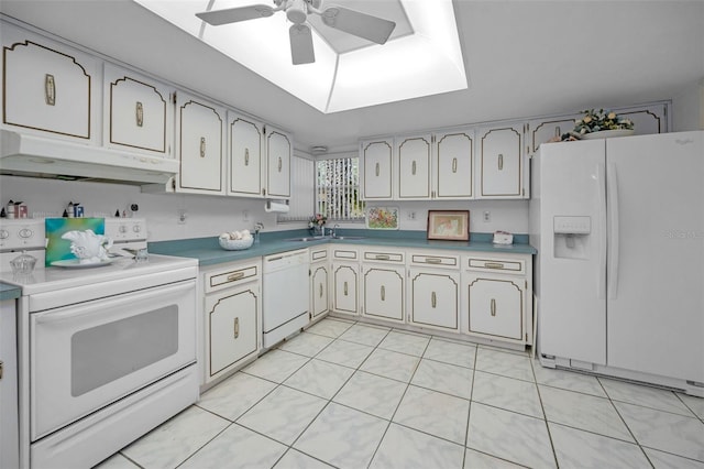 kitchen featuring ceiling fan, sink, white appliances, and light tile patterned floors