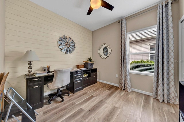 office area featuring ceiling fan and light wood-type flooring