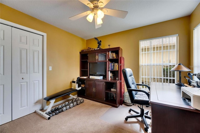 carpeted office space featuring ceiling fan