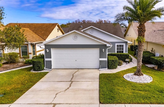 single story home with a garage and a front lawn