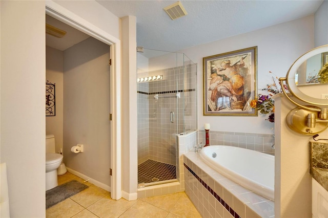 bathroom featuring toilet, independent shower and bath, and tile patterned floors