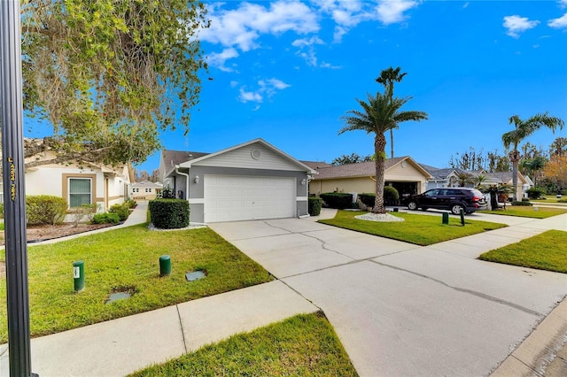 ranch-style home with a front lawn and a garage