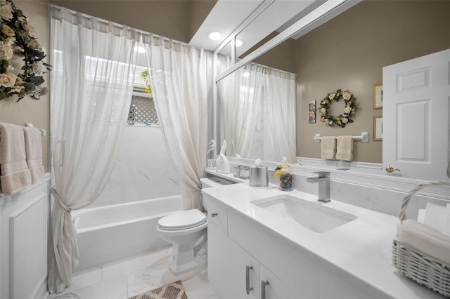 full bathroom with toilet, vanity, and shower / bath combo