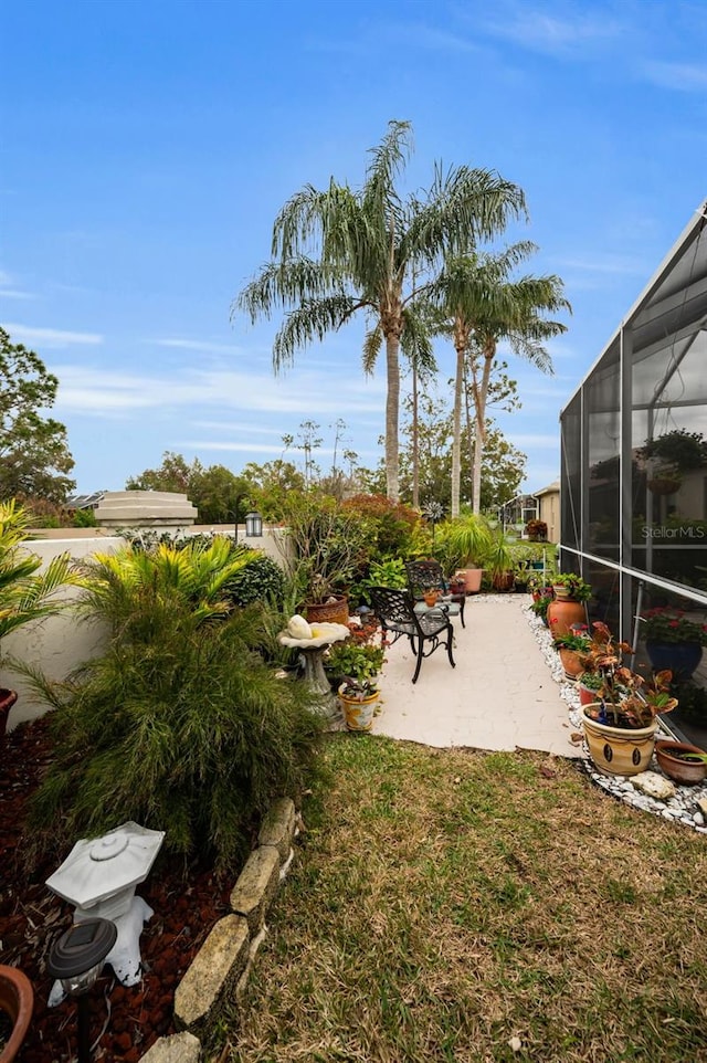 view of yard featuring a lanai and a patio area