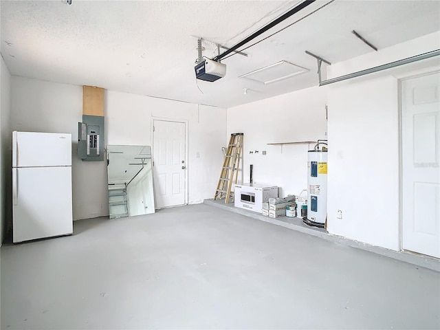 garage with a garage door opener, white refrigerator, electric panel, and electric water heater