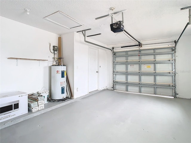 garage with a garage door opener and water heater