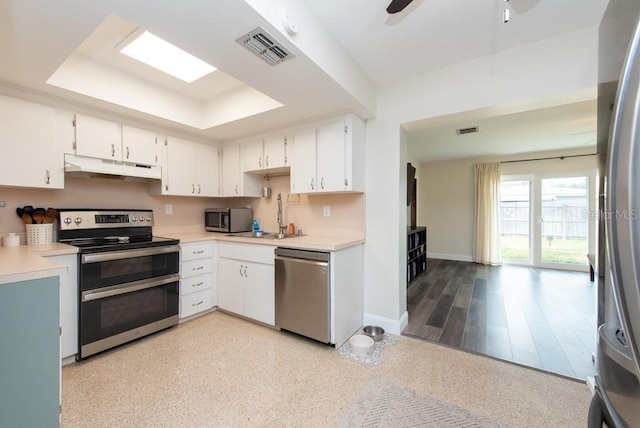 kitchen with ceiling fan, stainless steel appliances, a tray ceiling, white cabinets, and sink