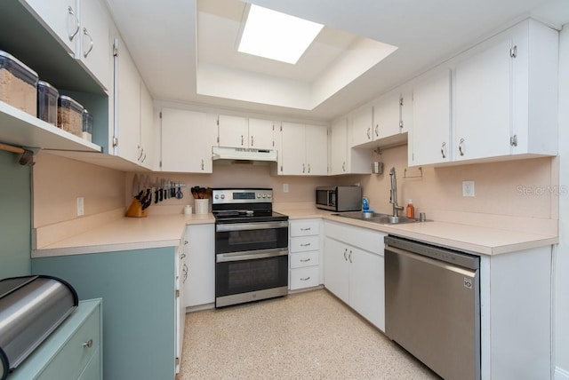 kitchen featuring a skylight, white cabinetry, appliances with stainless steel finishes, a tray ceiling, and sink