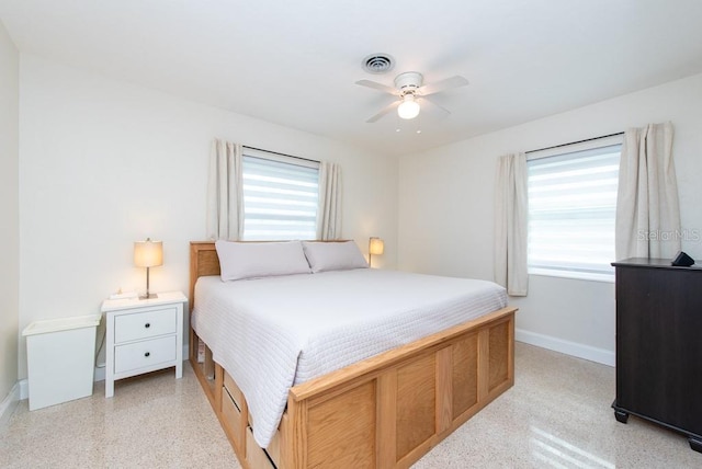 bedroom featuring ceiling fan and multiple windows