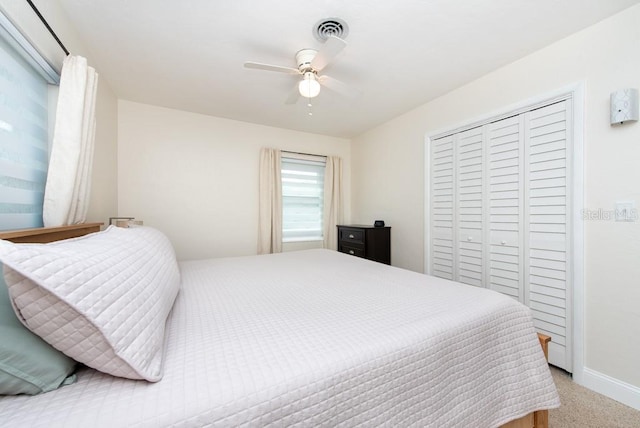 bedroom with ceiling fan and a closet