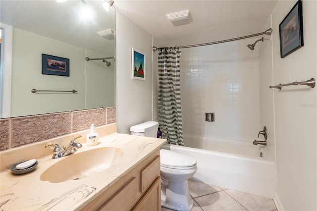 full bathroom with toilet, vanity, tile patterned floors, and shower / bathtub combination with curtain