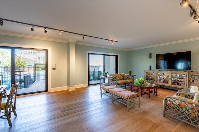 living room with a wealth of natural light, light hardwood / wood-style flooring, and ornamental molding