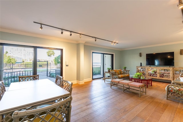 living room with track lighting, crown molding, and light hardwood / wood-style floors