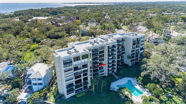 drone / aerial view with a water view