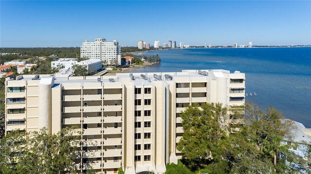 exterior space with a water view