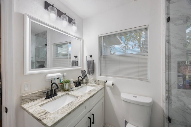 bathroom featuring toilet, walk in shower, and vanity