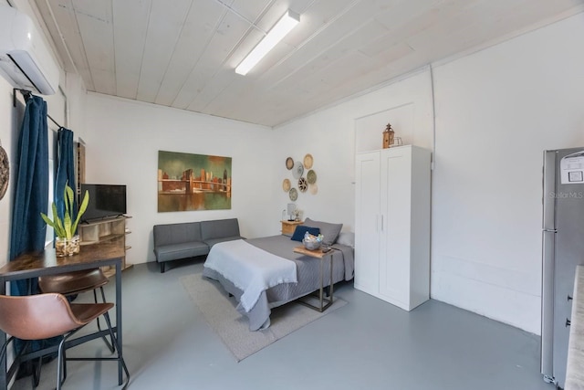 bedroom featuring wood ceiling, fridge, a wall mounted AC, and concrete flooring