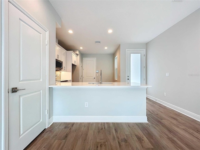 kitchen with sink, white cabinets, dark hardwood / wood-style floors, and kitchen peninsula