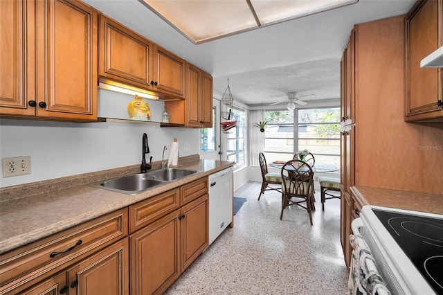 kitchen featuring ceiling fan, range with electric stovetop, dishwasher, and sink