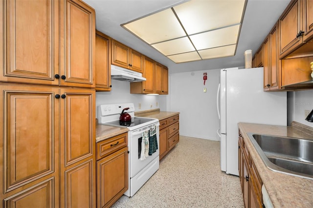 kitchen with sink and white electric range oven