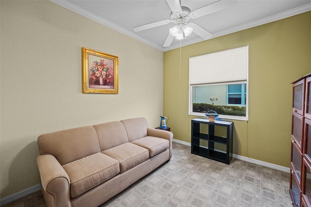 living room featuring ceiling fan, light colored carpet, and crown molding