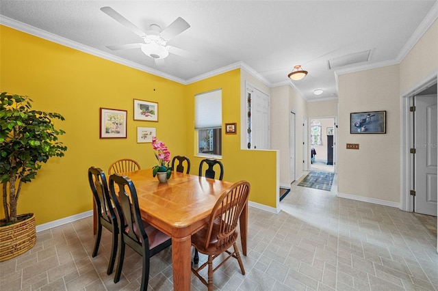 dining space featuring ceiling fan and ornamental molding