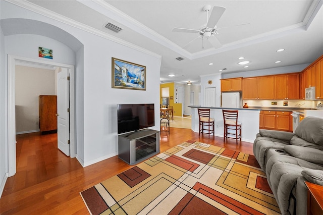 living room with ceiling fan, crown molding, and a raised ceiling