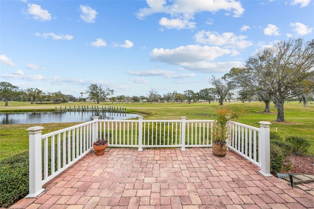 view of patio / terrace featuring a water view