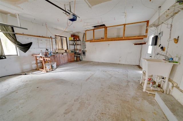 garage with a garage door opener, sink, and a workshop area