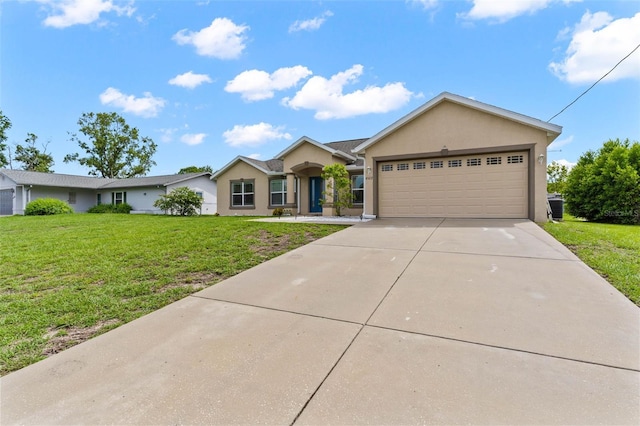 ranch-style home with a garage and a front yard