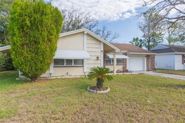 single story home featuring a front yard and a garage