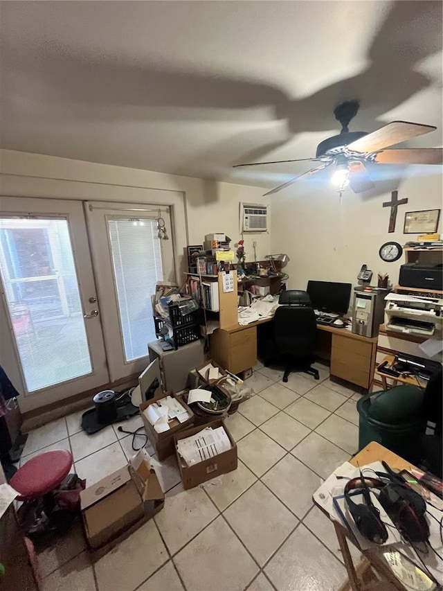 tiled home office with ceiling fan