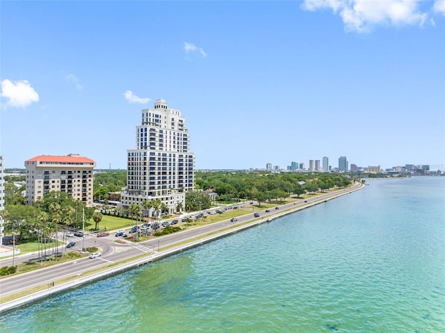 bird's eye view with a water view