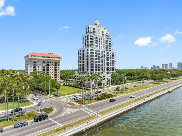 drone / aerial view featuring a water view