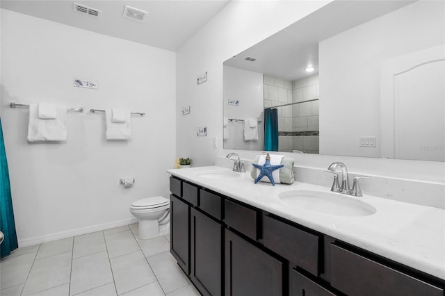 bathroom with toilet, a shower with curtain, tile patterned floors, and vanity