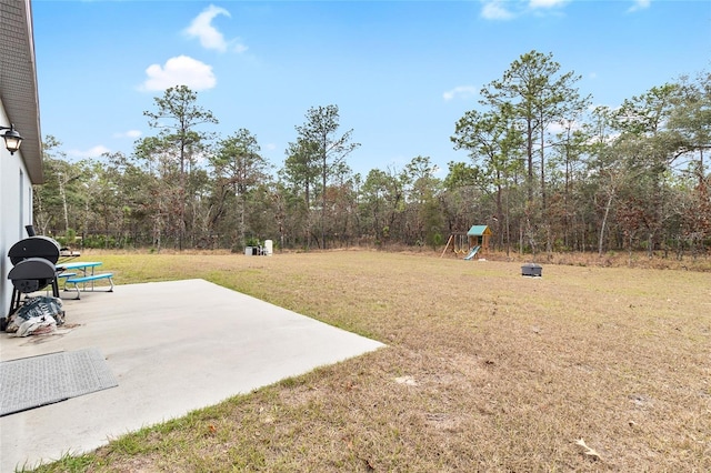 view of yard featuring a patio area and a playground