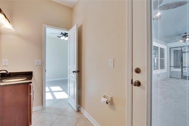 bathroom featuring vanity, tile patterned floors, and ceiling fan