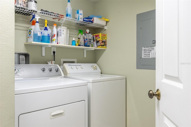 laundry room with electric panel and washer and dryer