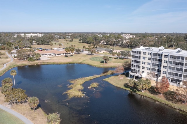 drone / aerial view with a water view