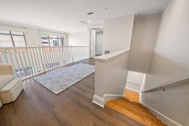 hallway with dark hardwood / wood-style flooring and ornamental molding