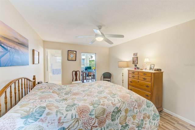 bedroom featuring ceiling fan and light hardwood / wood-style flooring