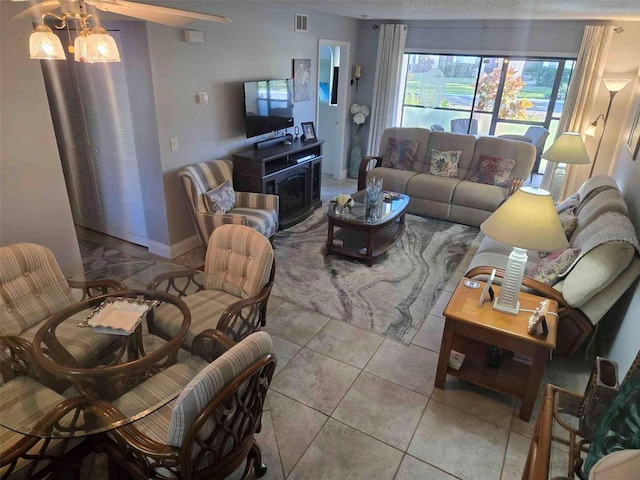 living room featuring light tile patterned floors