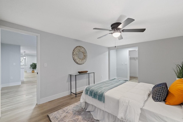 bedroom featuring ceiling fan, light hardwood / wood-style floors, a closet, and a walk in closet