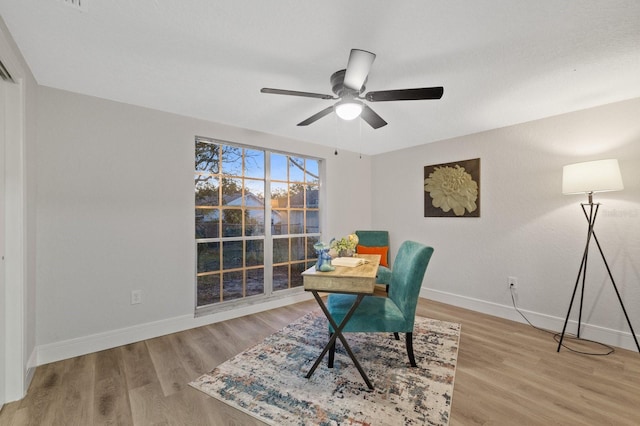 office space featuring ceiling fan and hardwood / wood-style flooring