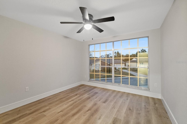 empty room with ceiling fan and light hardwood / wood-style flooring