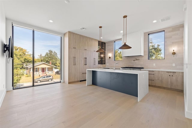 kitchen with decorative light fixtures, a kitchen island with sink, plenty of natural light, and light hardwood / wood-style floors